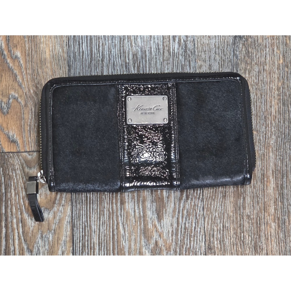 Kenneth Cole New York Black Pony Hair Patent Leather Zip Around Wallet Clutch